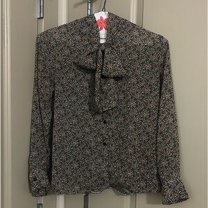 Patterned Chiffon Neck Bow Button Down Shirt